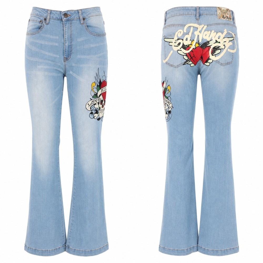 Ed Hardy Jeans Women's 32 Flare‎ Y2K Tattoo Skull Heart Stretch Embroidered Logo